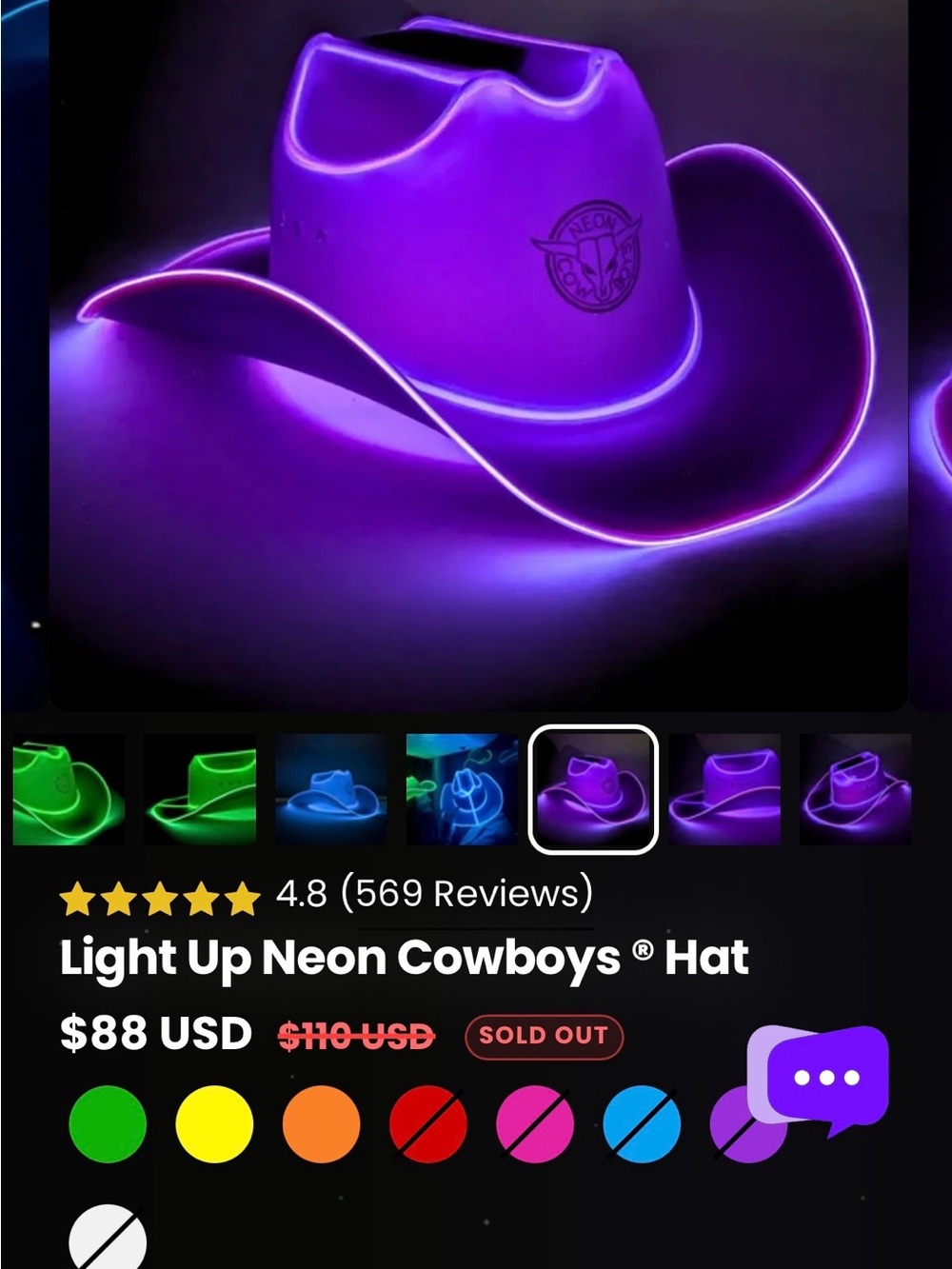Light Up Neon Cowboy Hat - Purple